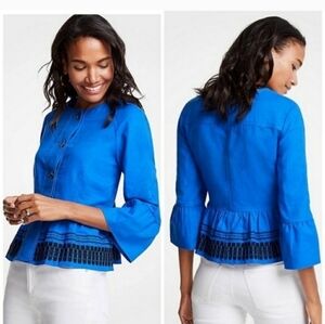 Ann Taylor Blue Embroidered Button Front Flounce Linen Blend Jacket Top XS NEW